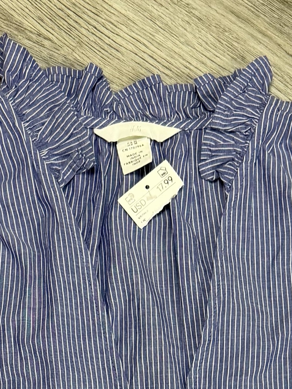H&M Blue and White Striped Ruffle Sleeve Blouse